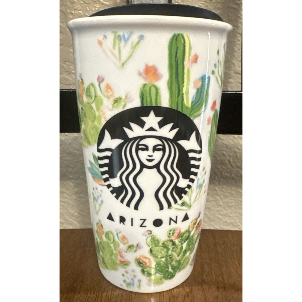 Starbucks Arizona 12 Oz. Traveler Mug Ceramic Tumbler 2021 Green Cactus Floral
